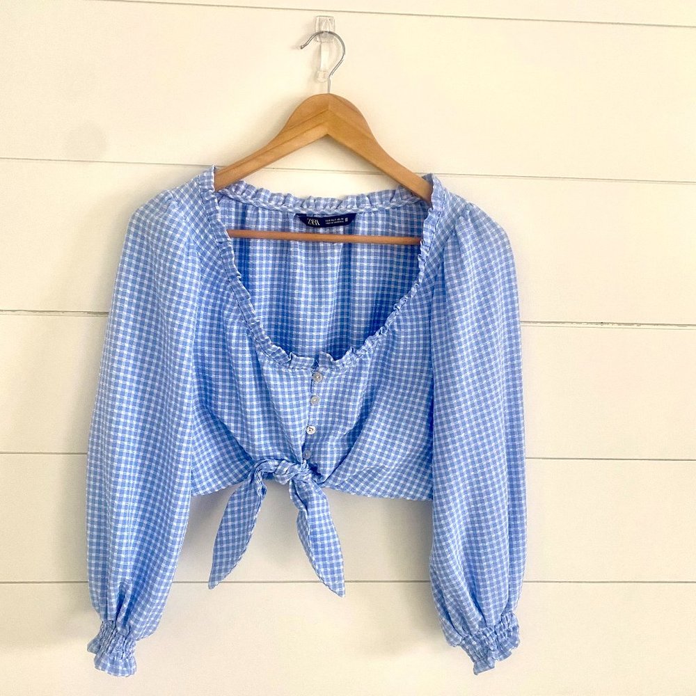Zara Crop Tie Front Gingham Top, size S, new without tags
